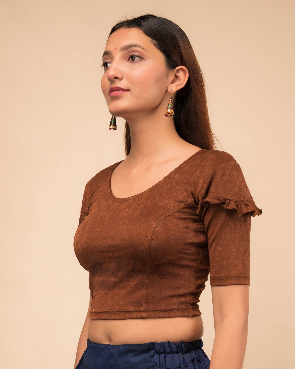 Mohini Coffee Ruffle Sleeves and Back Stretchable Slip On Blouse by Advi