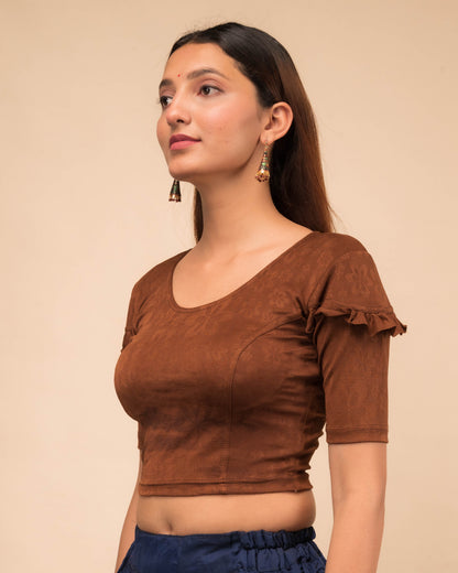 Mohini Coffee Ruffle Sleeves and Back Stretchable Slip On Blouse by Advi