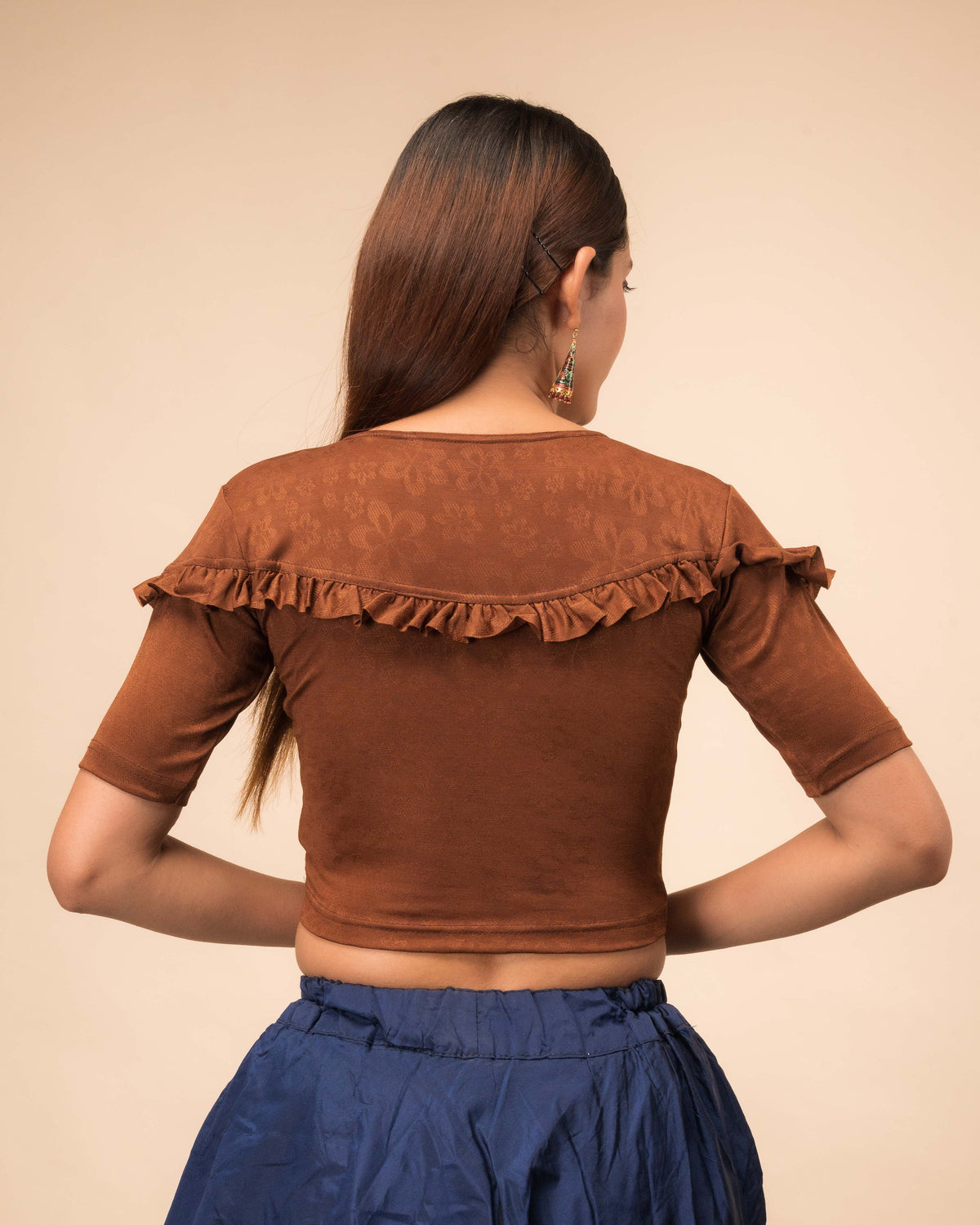 Mohini Coffee Ruffle Sleeves and Back Stretchable Slip On Blouse by Advi