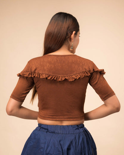 Mohini Coffee Ruffle Sleeves and Back Stretchable Slip On Blouse by Advi