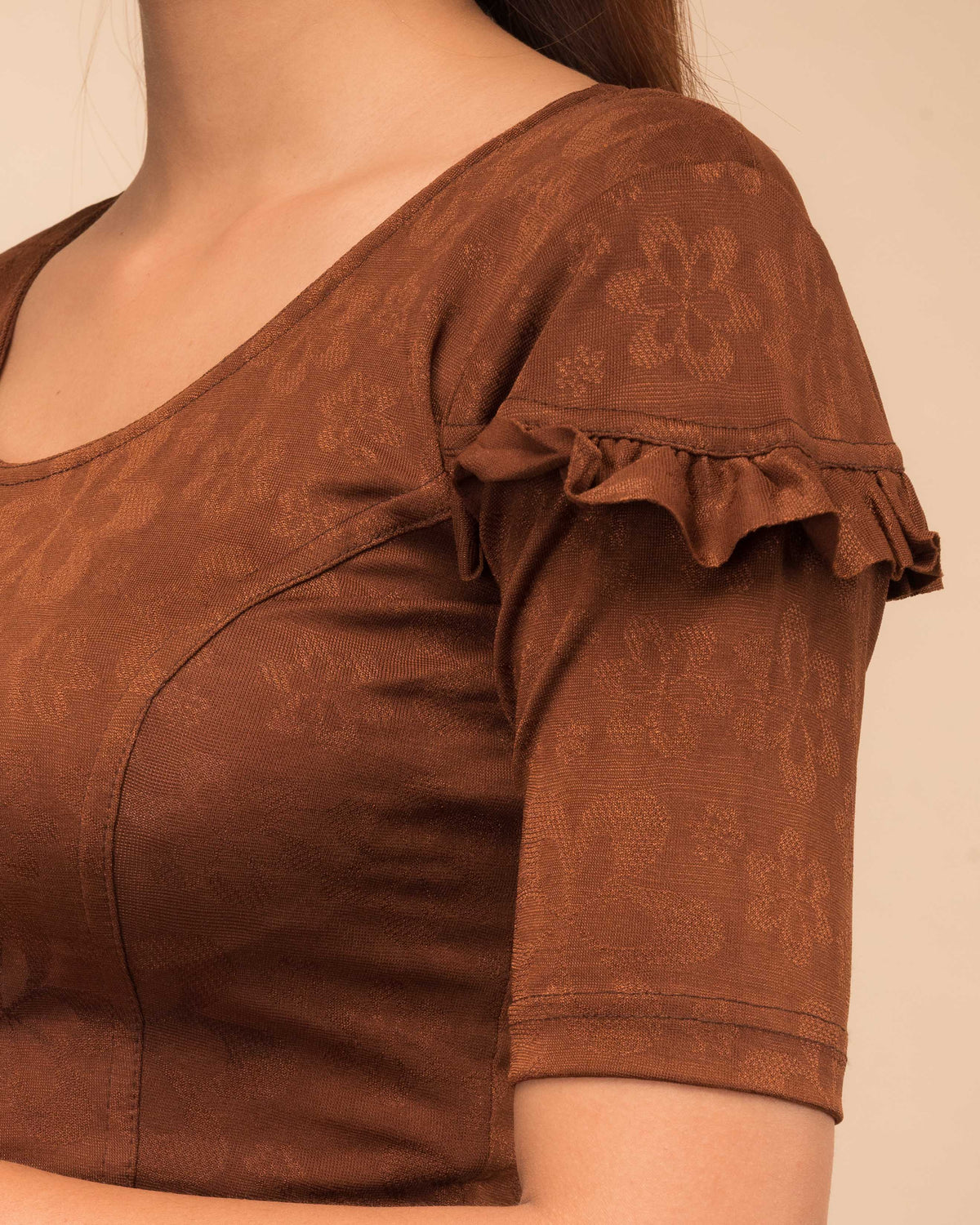 Mohini Coffee Ruffle Sleeves and Back Stretchable Slip On Blouse by Advi