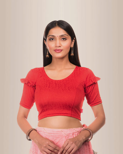 Mohini Dark Red Ruffle Sleeves and Back Stretchable Slip On Blouse by Advi