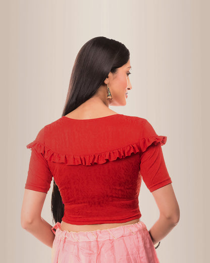 Mohini Dark Red Ruffle Sleeves and Back Stretchable Slip On Blouse by Advi