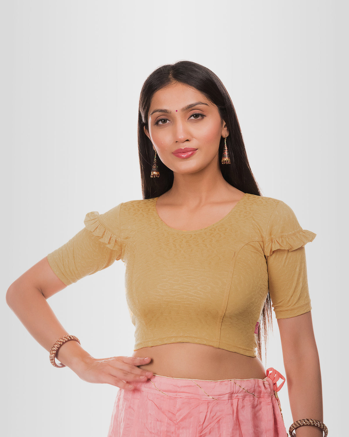 Mohini Beige Ruffle Sleeves and Back Stretchable Slip On Blouse by Advi