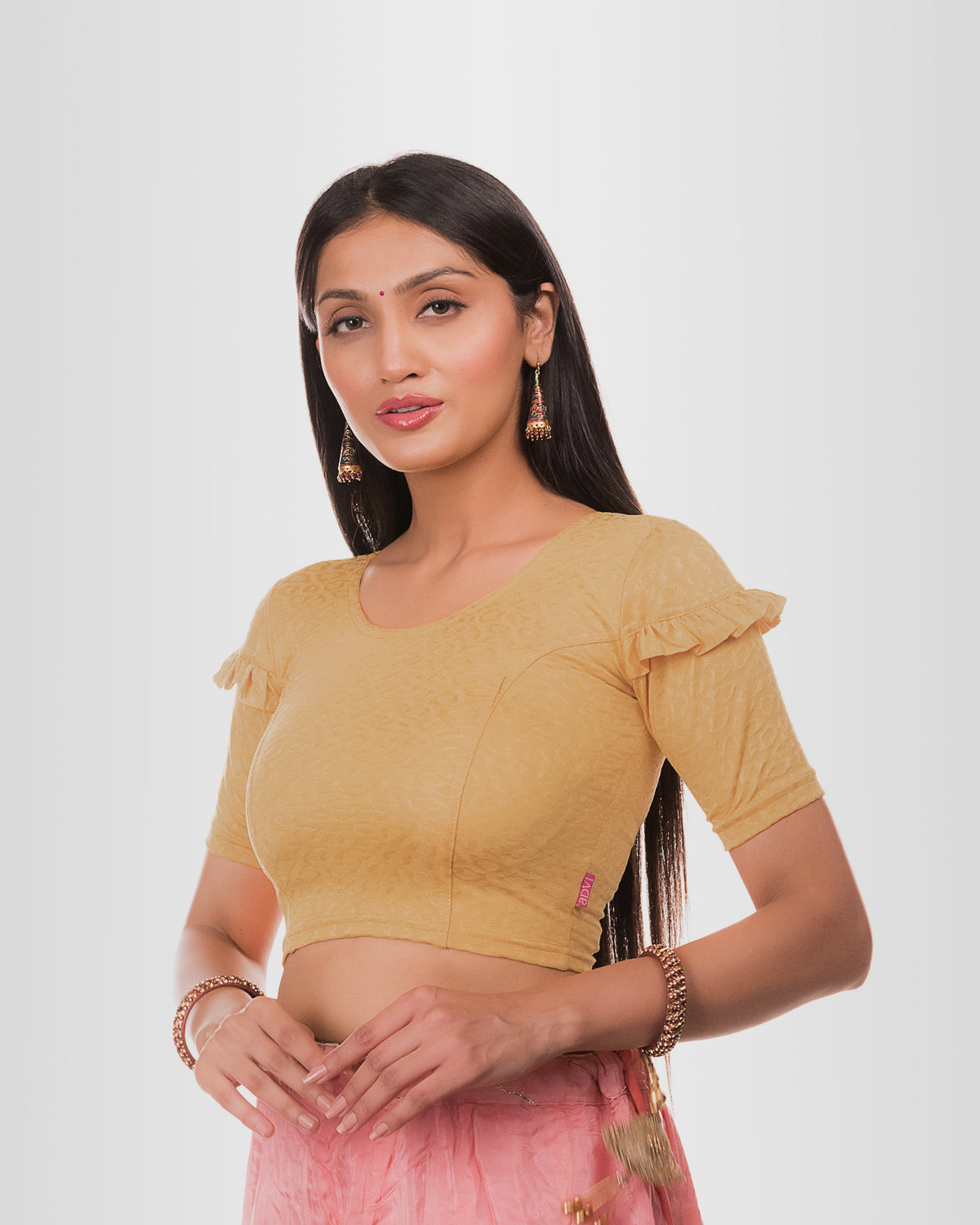 Mohini Beige Ruffle Sleeves and Back Stretchable Slip On Blouse by Advi