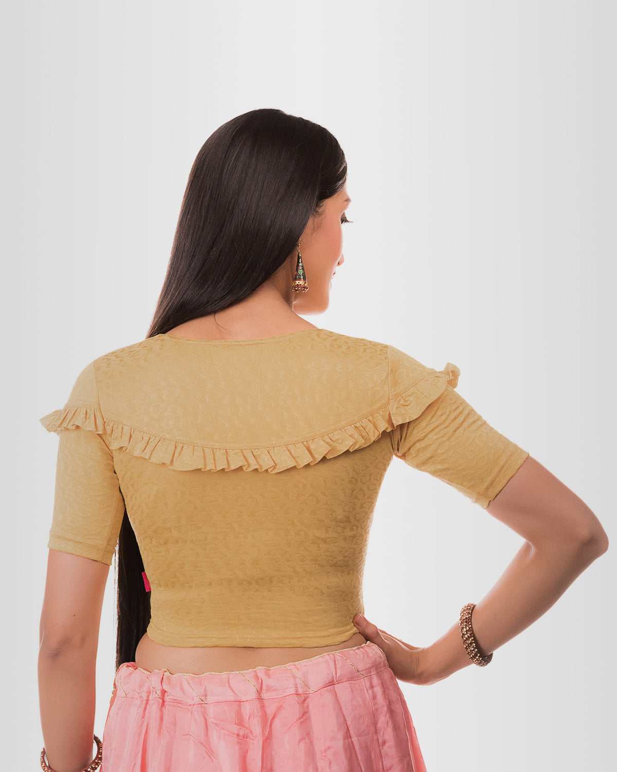 Mohini Beige Ruffle Sleeves and Back Stretchable Slip On Blouse by Advi