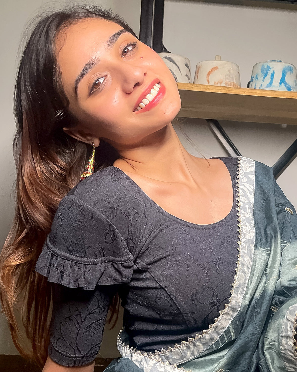 Mohini Grey Ruffle Sleeves and Back Stretchable Slip On Blouse by Advi