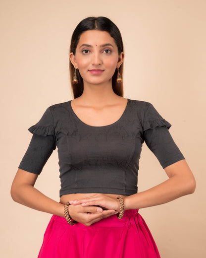 Mohini Grey Ruffle Sleeves and Back Stretchable Slip On Blouse by Advi