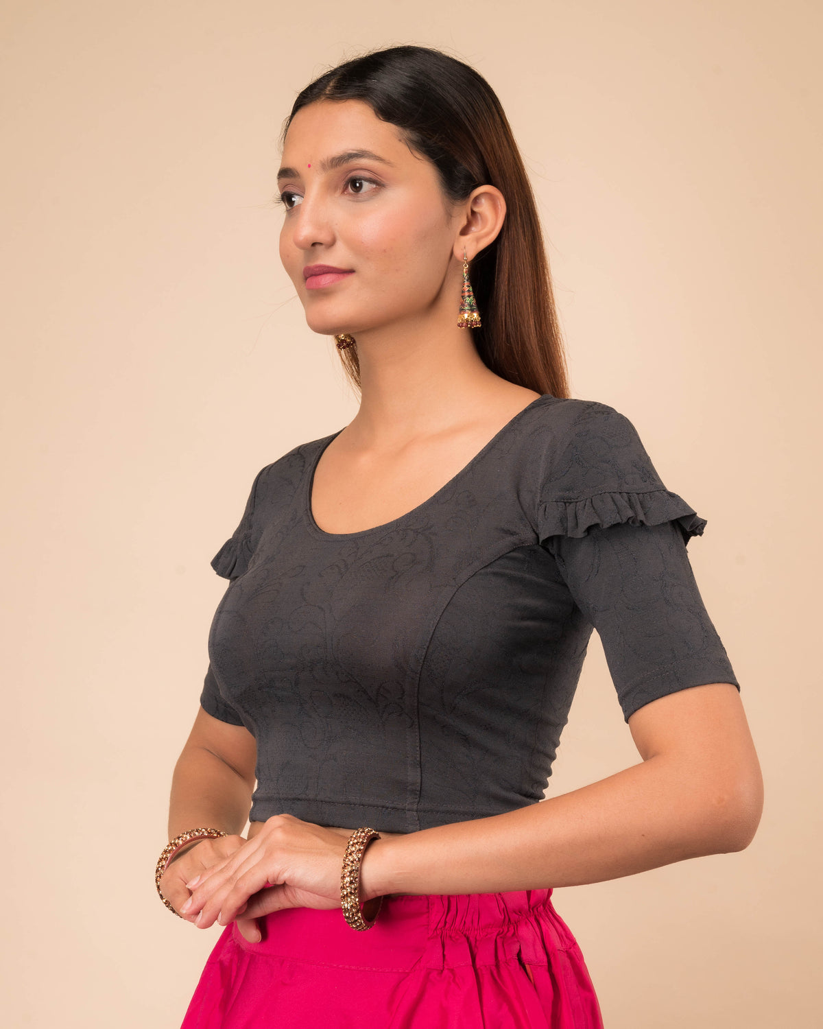 Mohini Grey Ruffle Sleeves and Back Stretchable Slip On Blouse by Advi