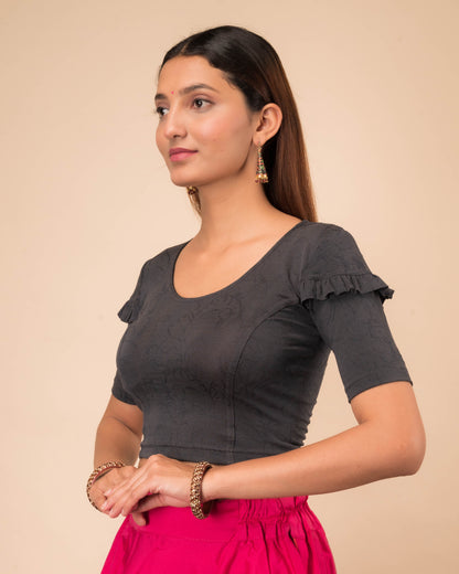 Mohini Grey Ruffle Sleeves and Back Stretchable Slip On Blouse by Advi