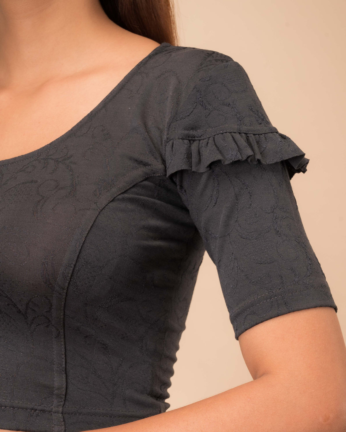 Mohini Grey Ruffle Sleeves and Back Stretchable Slip On Blouse by Advi
