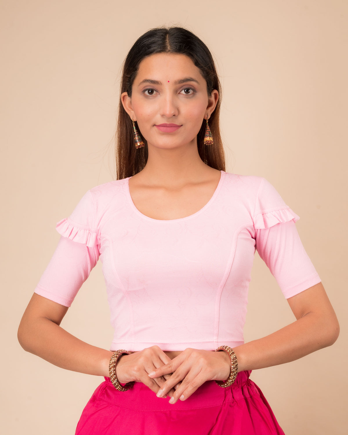Mohini Pink Ruffle Sleeves and Back Stretchable Slip On Blouse by Advi