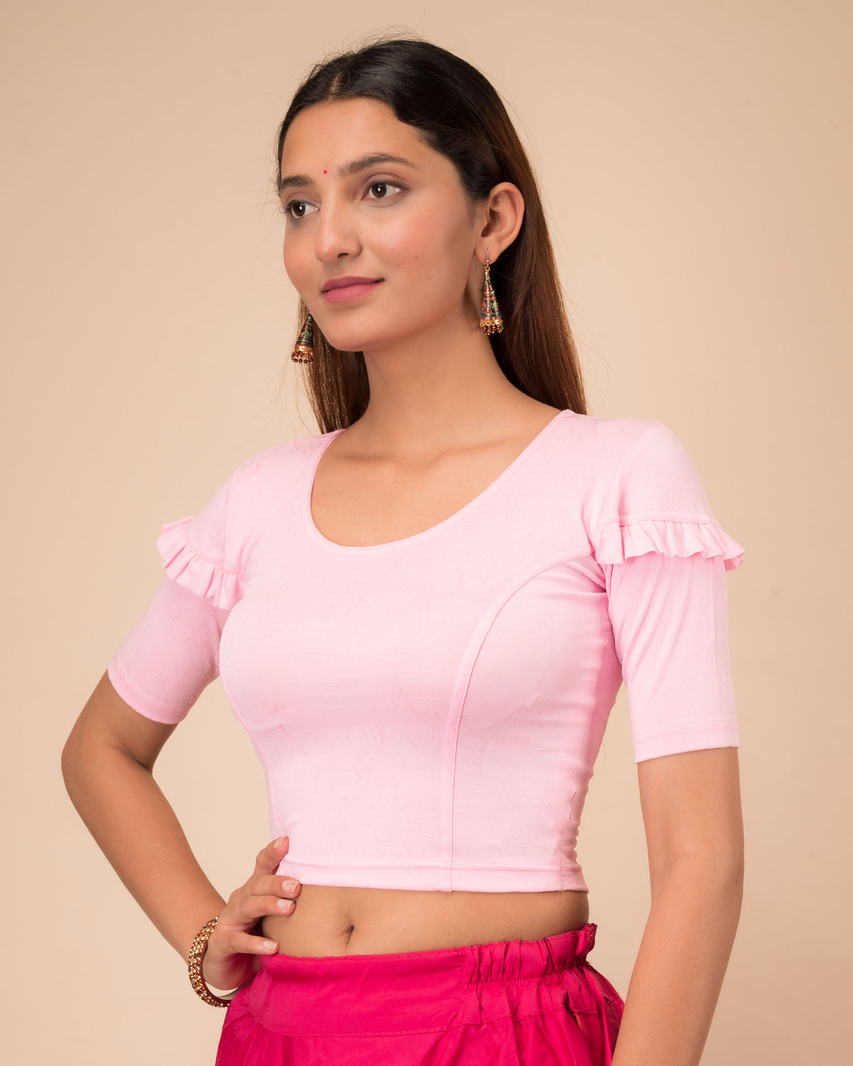 Mohini Pink Ruffle Sleeves and Back Stretchable Slip On Blouse by Advi