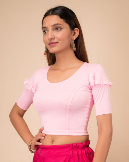 Mohini Pink Ruffle Sleeves and Back Stretchable Slip On Blouse by Advi