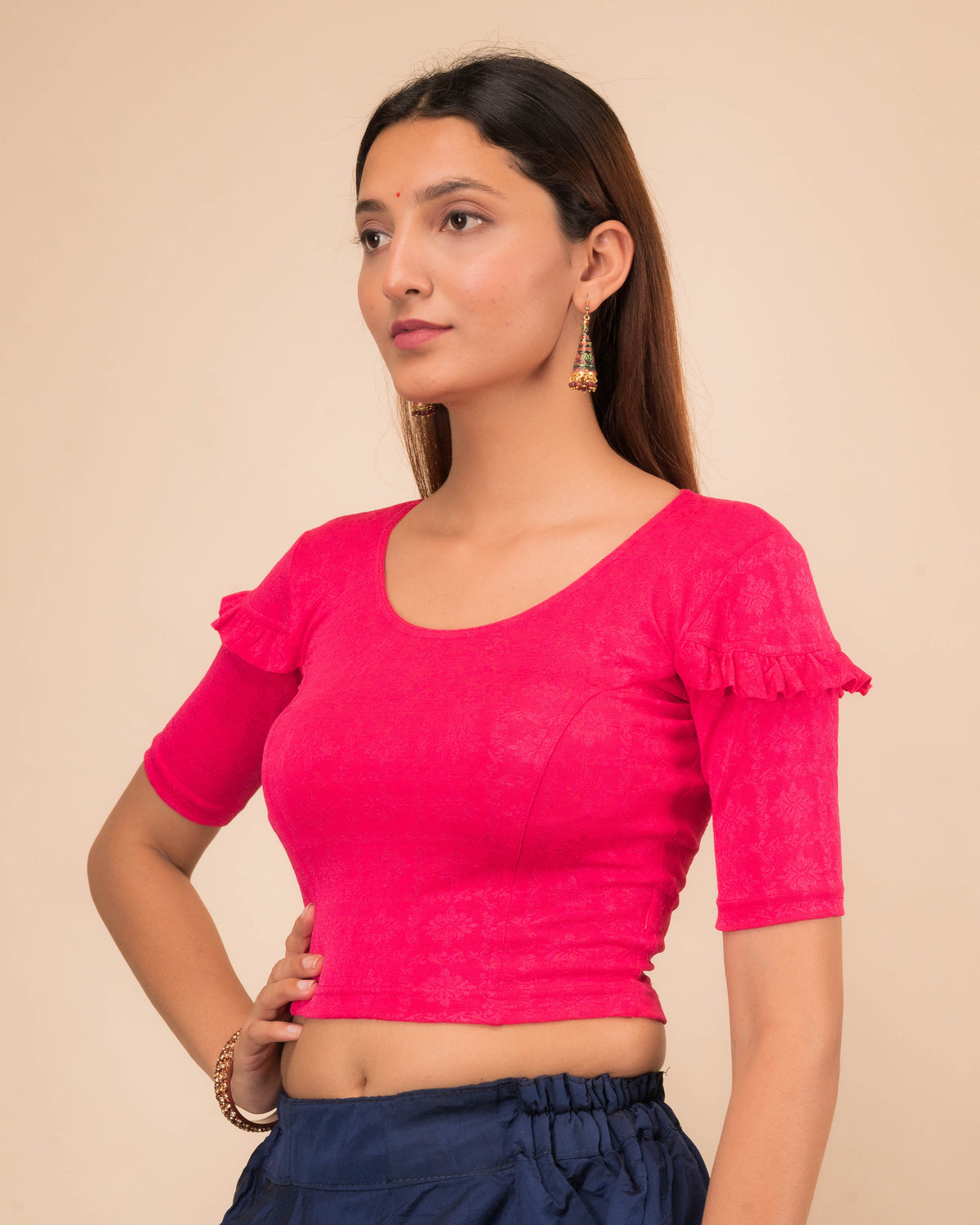 Mohini Rani Ruffle Sleeves and Back Stretchable Slip On Blouse by Advi