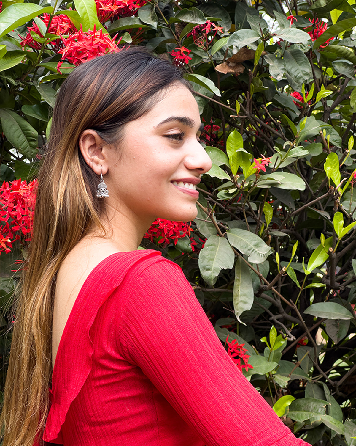 Reet Red Ruffle Neck Stretchable Slip on Blouse