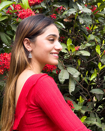 Reet Red Ruffle Neck Stretchable Slip on Blouse