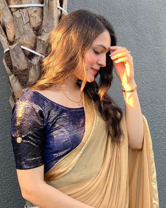 Gold Velvet Stripe with Hand Embroidery Buti Stretchable Slip on Blouse