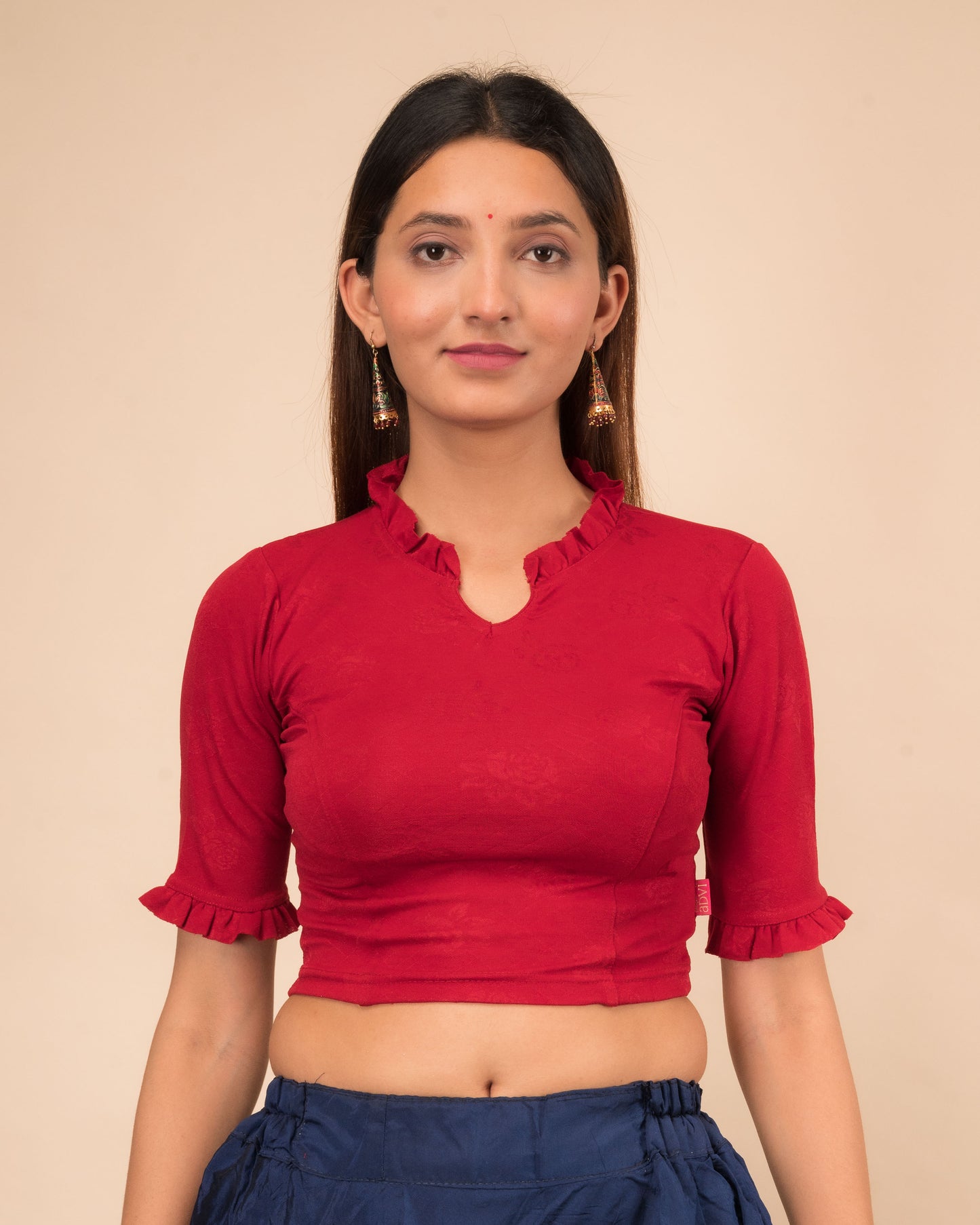 Nora High Neck Collar With Ruffle Stretchable Slip On Blouse