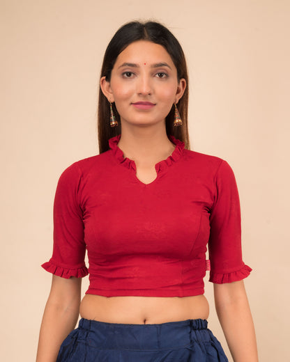 Nora High Neck Collar With Ruffle Stretchable Slip On Blouse
