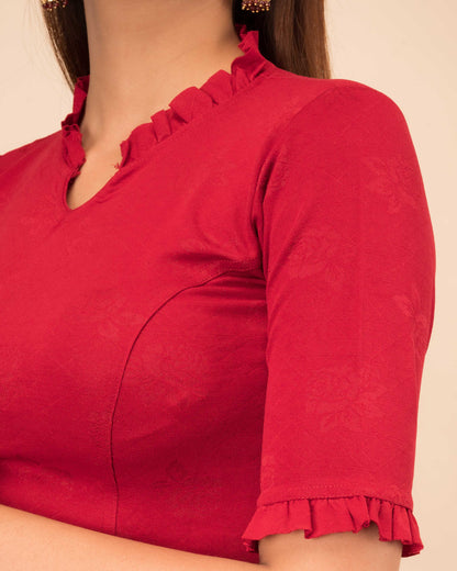 Nora High Neck Collar With Ruffle Stretchable Slip On Blouse