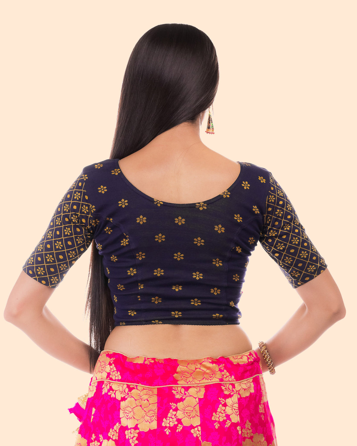 Dhaani Navy Cotton Floral Two tone Stretchbale Blouse Advi