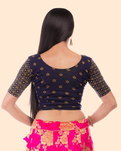 Dhaani Navy Cotton Floral Two tone Stretchbale Blouse Advi