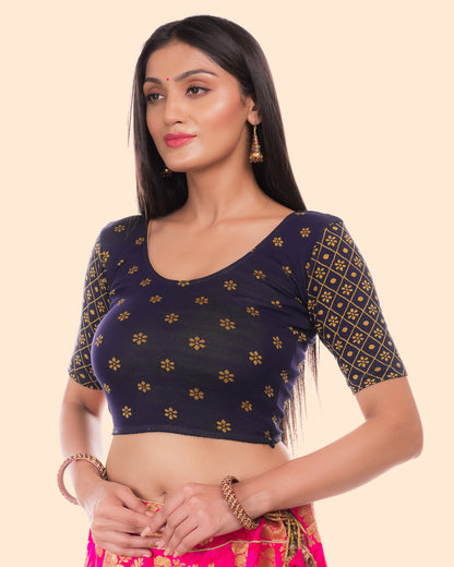Dhaani Navy Cotton Floral Two tone Stretchbale Blouse Advi