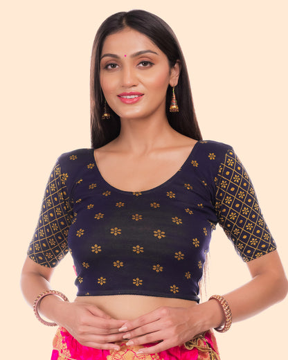Dhaani Navy Cotton Floral Two tone Stretchbale Blouse Advi