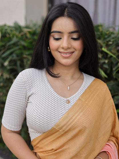 Gingham Cream Stretchable Checked V-Neck Saree Blouse Advi