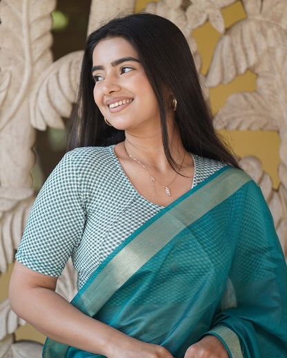 Gingham Peacock V-Neck Blouse