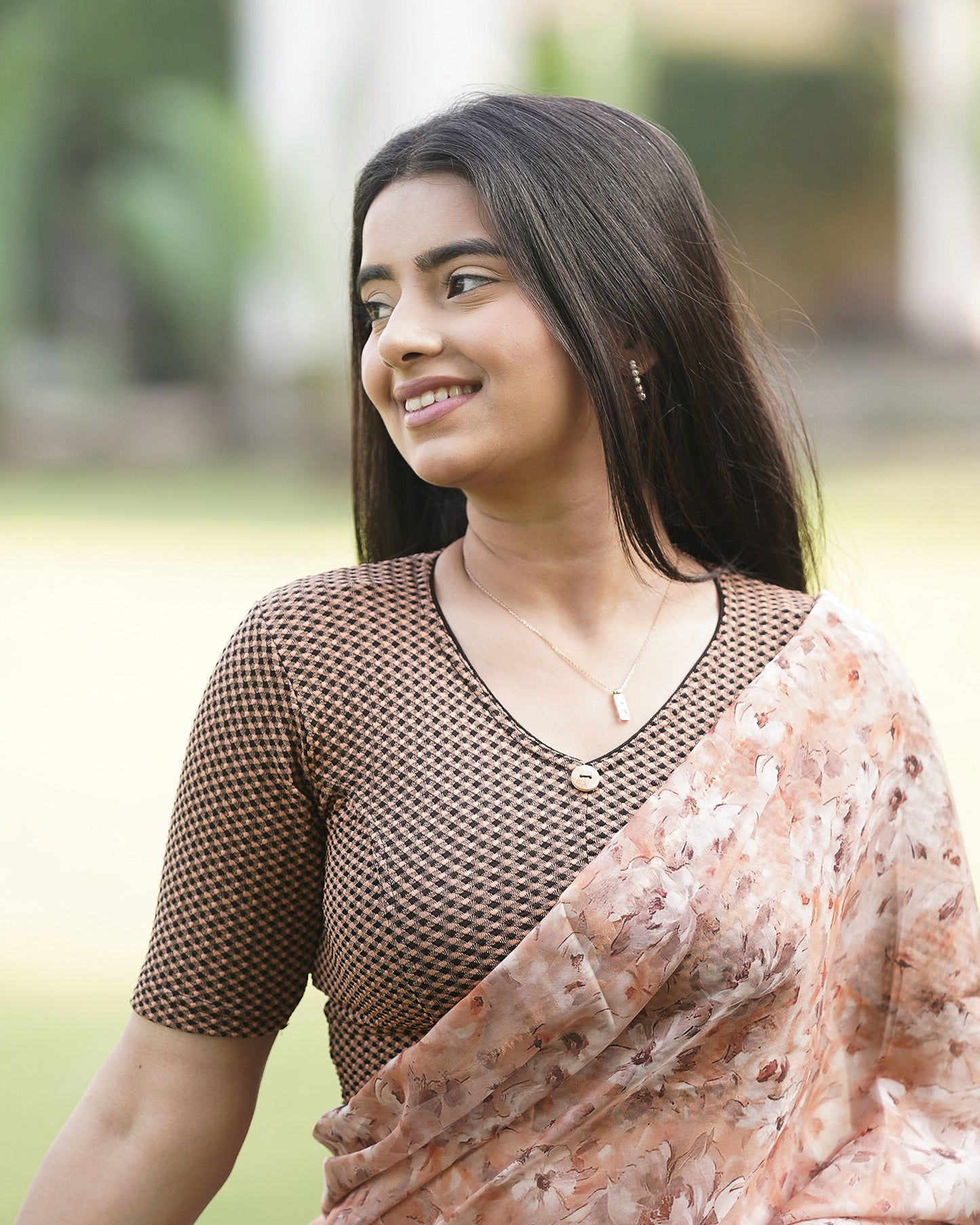 Gingham Black Brown V-Neck Blouse