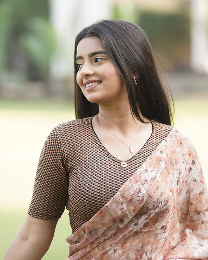 Gingham Black Brown V-Neck Blouse