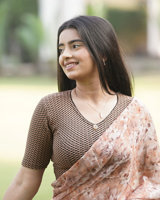 Gingham Black Brown V-Neck Blouse