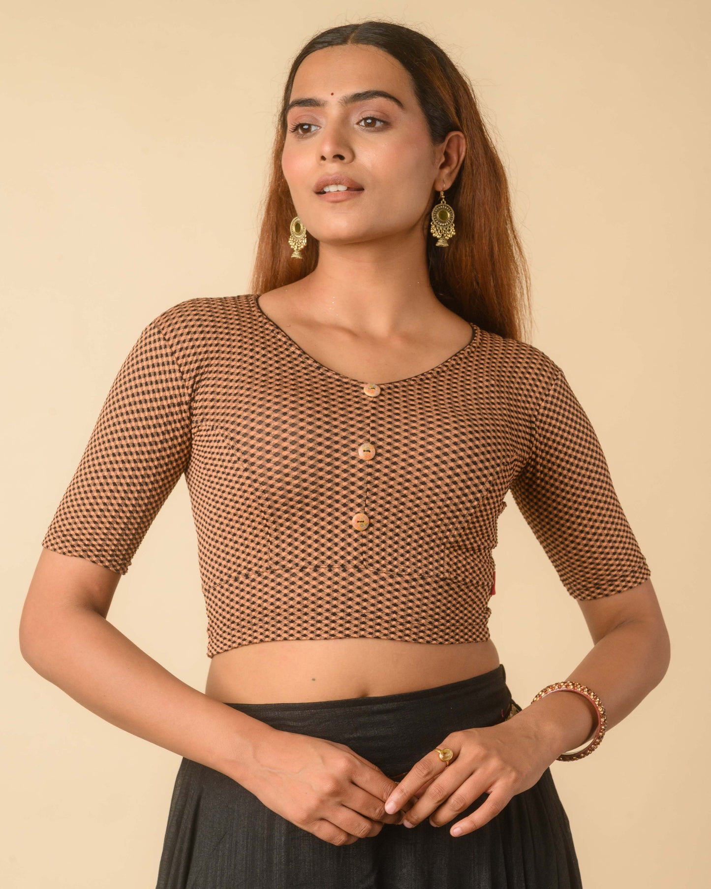 Gingham Black Brown Stretchable Checked V-Neck Saree Blouse Advi
