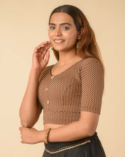 Gingham Black Brown Stretchable Checked V-Neck Saree Blouse Advi