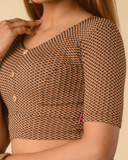 Gingham Black Brown Stretchable Checked V-Neck Saree Blouse Advi
