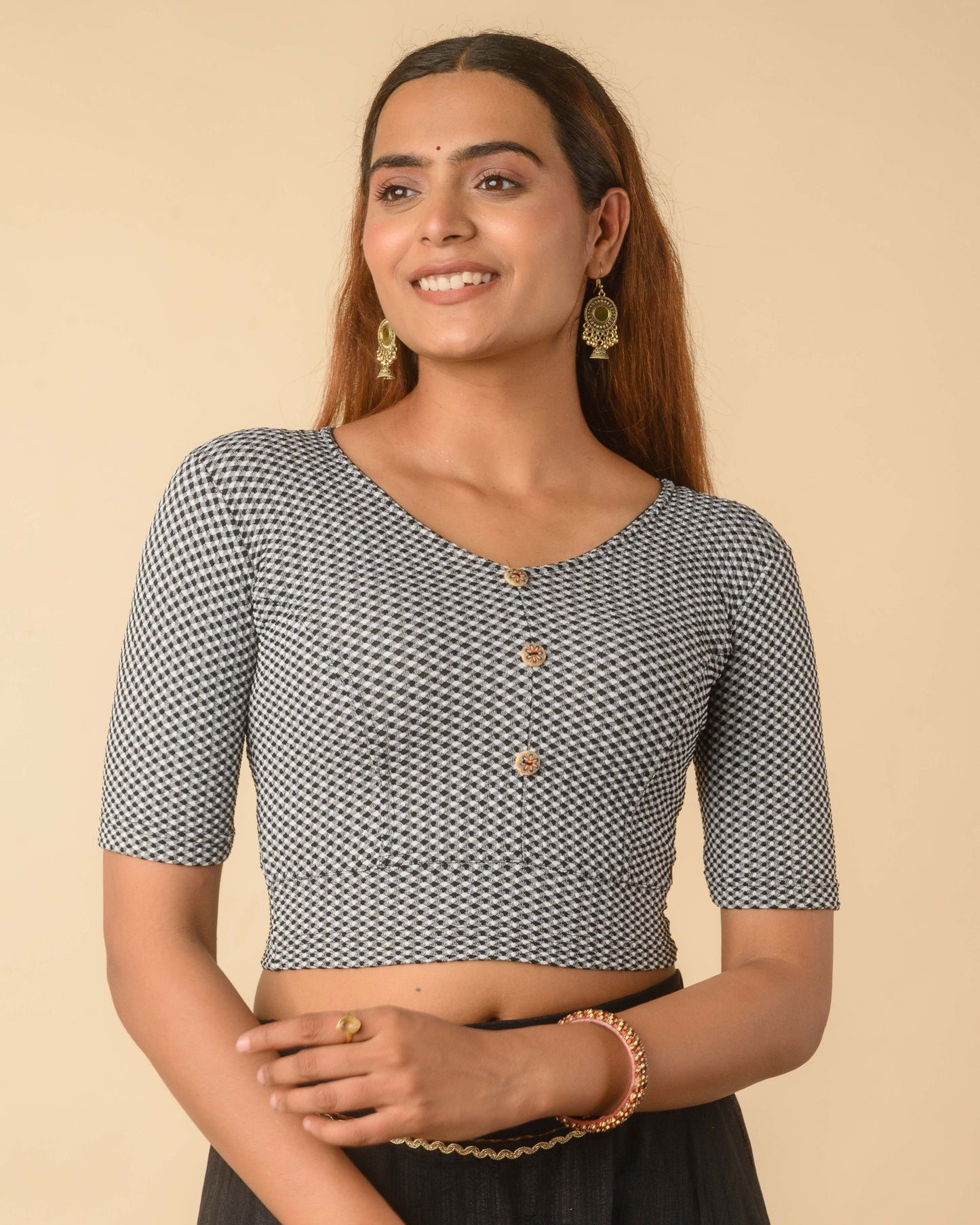 Gingham Black White Stretchable Checked V-Neck Saree Blouse Advi