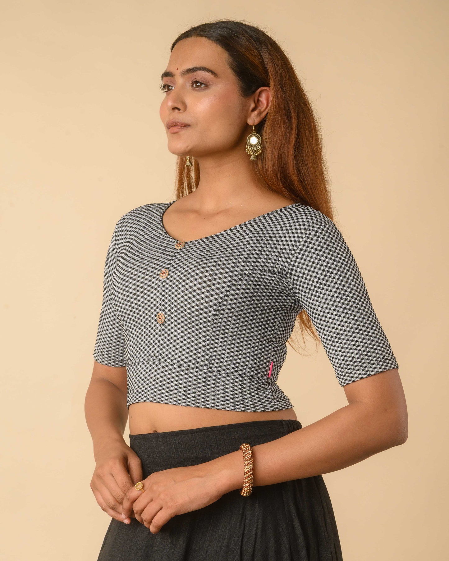 Gingham Black White Stretchable Checked V-Neck Saree Blouse Advi