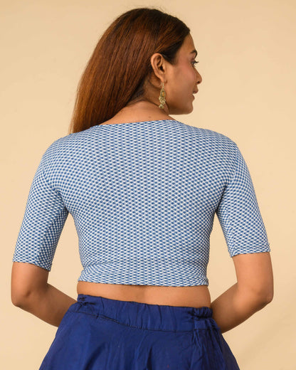 Gingham Blue Stretchable Checked V-Neck Saree Blouse Advi