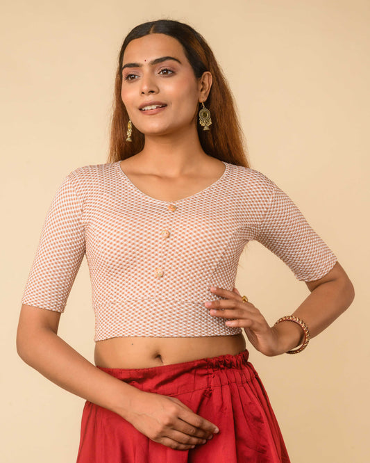 Gingham Brown Stretchable Checked V-Neck Saree Blouse Advi