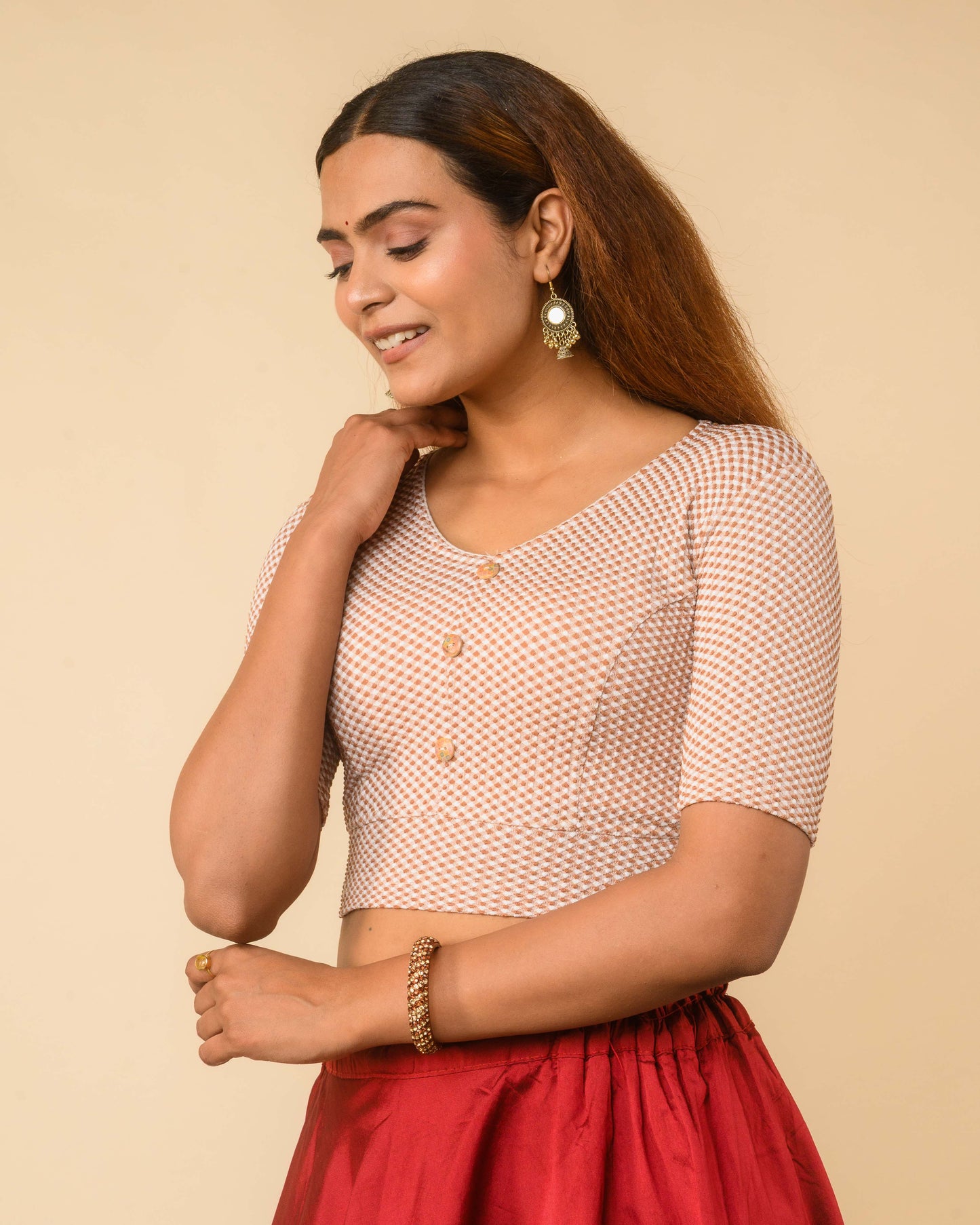 Gingham Brown Stretchable Checked V-Neck Saree Blouse Advi