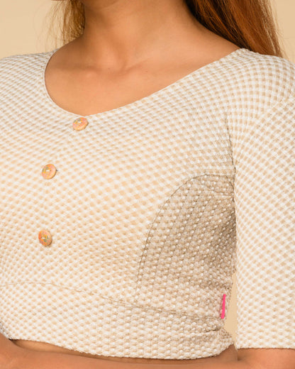 Gingham Cream Stretchable Checked V-Neck Saree Blouse Advi