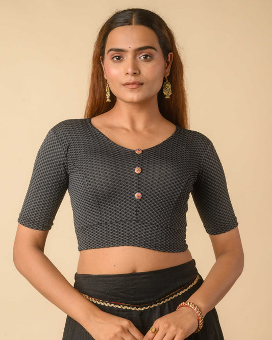Gingham Black Stretchable Checked V-Neck Saree Blouse Advi