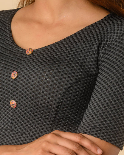 Gingham Black Stretchable Checked V-Neck Saree Blouse Advi