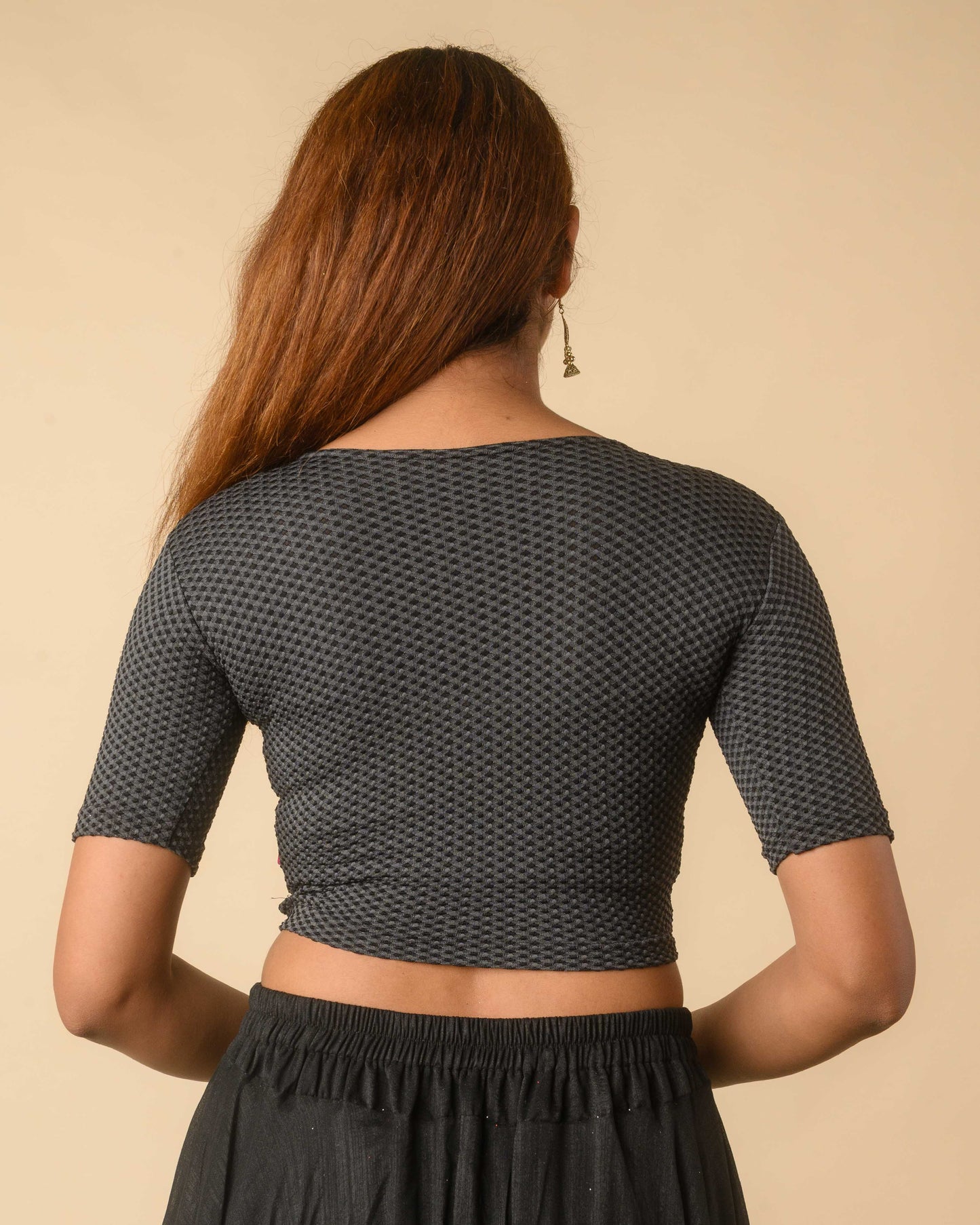 Gingham Black Stretchable Checked V-Neck Saree Blouse Advi