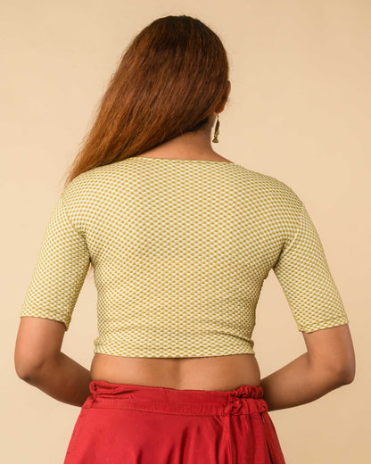 Gingham Green Stretchable Checked V-Neck Saree Blouse Advi