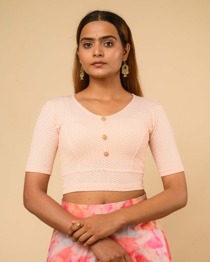 Gingham Peach Stretchable Checked V-Neck Saree Blouse Advi