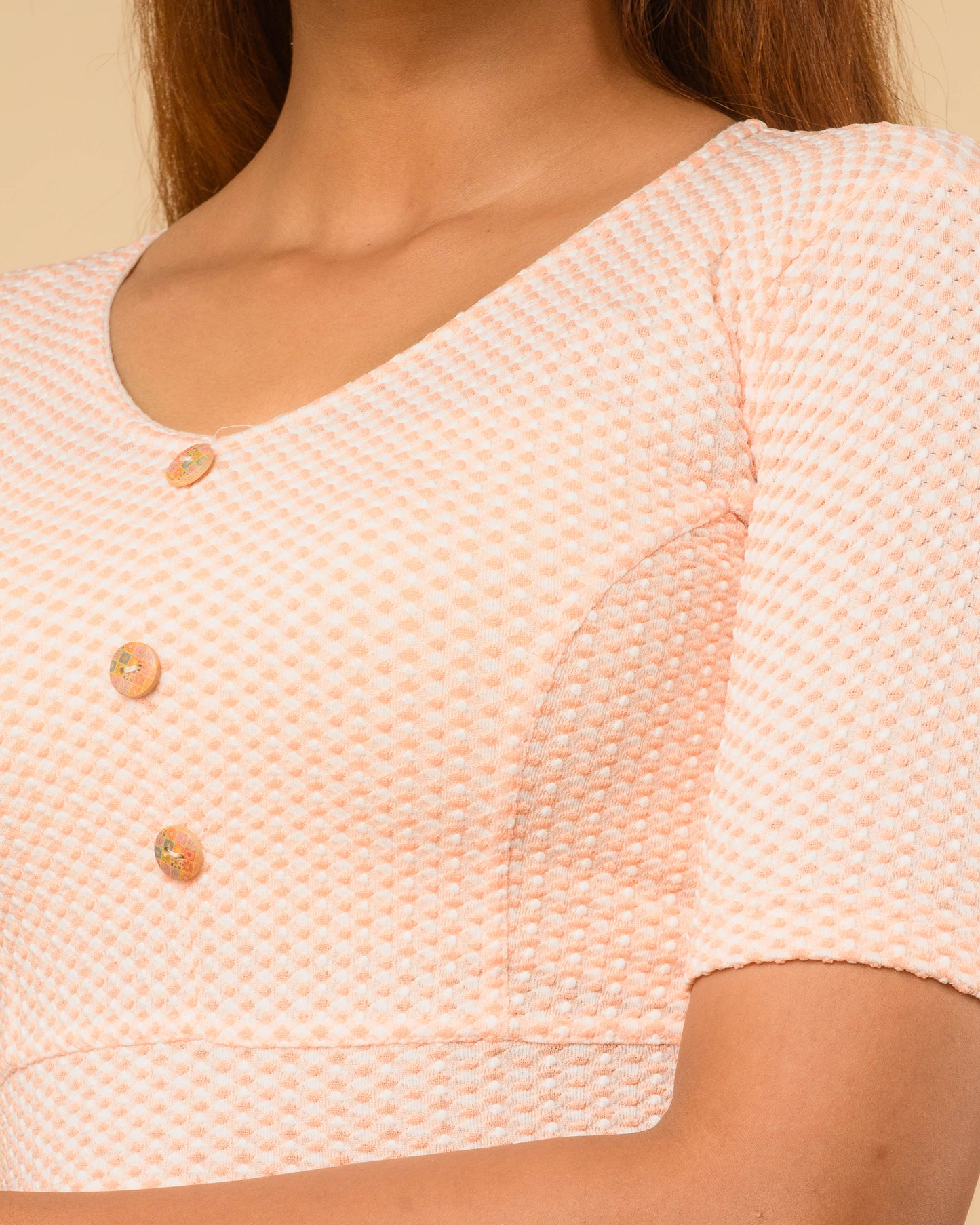 Gingham Peach Stretchable Checked V-Neck Saree Blouse Advi