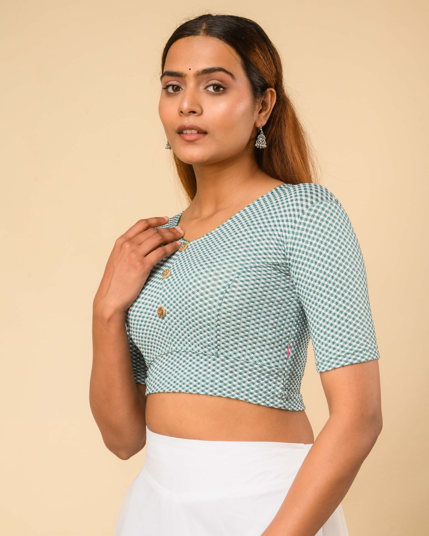 Gingham Peacock Stretchable Checked V-Neck Saree Blouse Advi